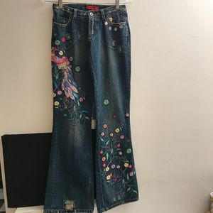 Tokyo Denim Bank Embroidered Peacock Jeans Pant Distressed Sz 25